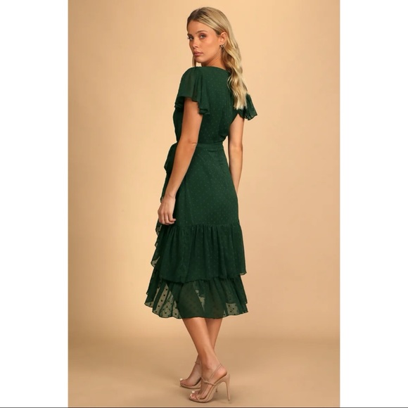 NWOT Lulus Have Harmony Dark Green Swiss Dot Ruffled Faux Wrap Midi Dress Large - Picture 4 of 10